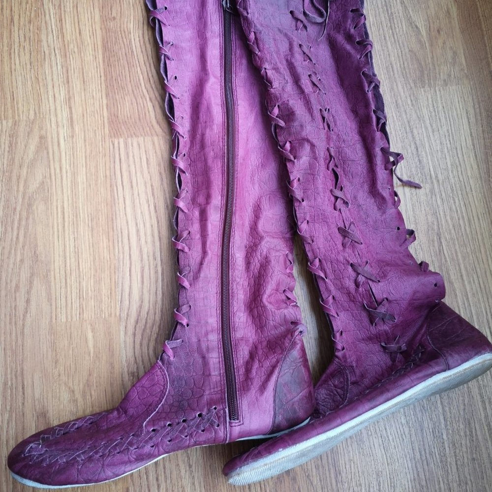Leather fushia tie up over knee boots size 7.5
